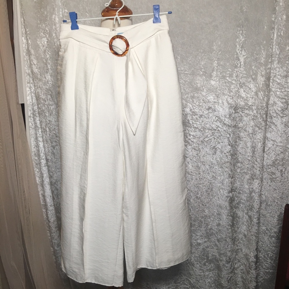 High-Waist Wide Leg White Belted Pants